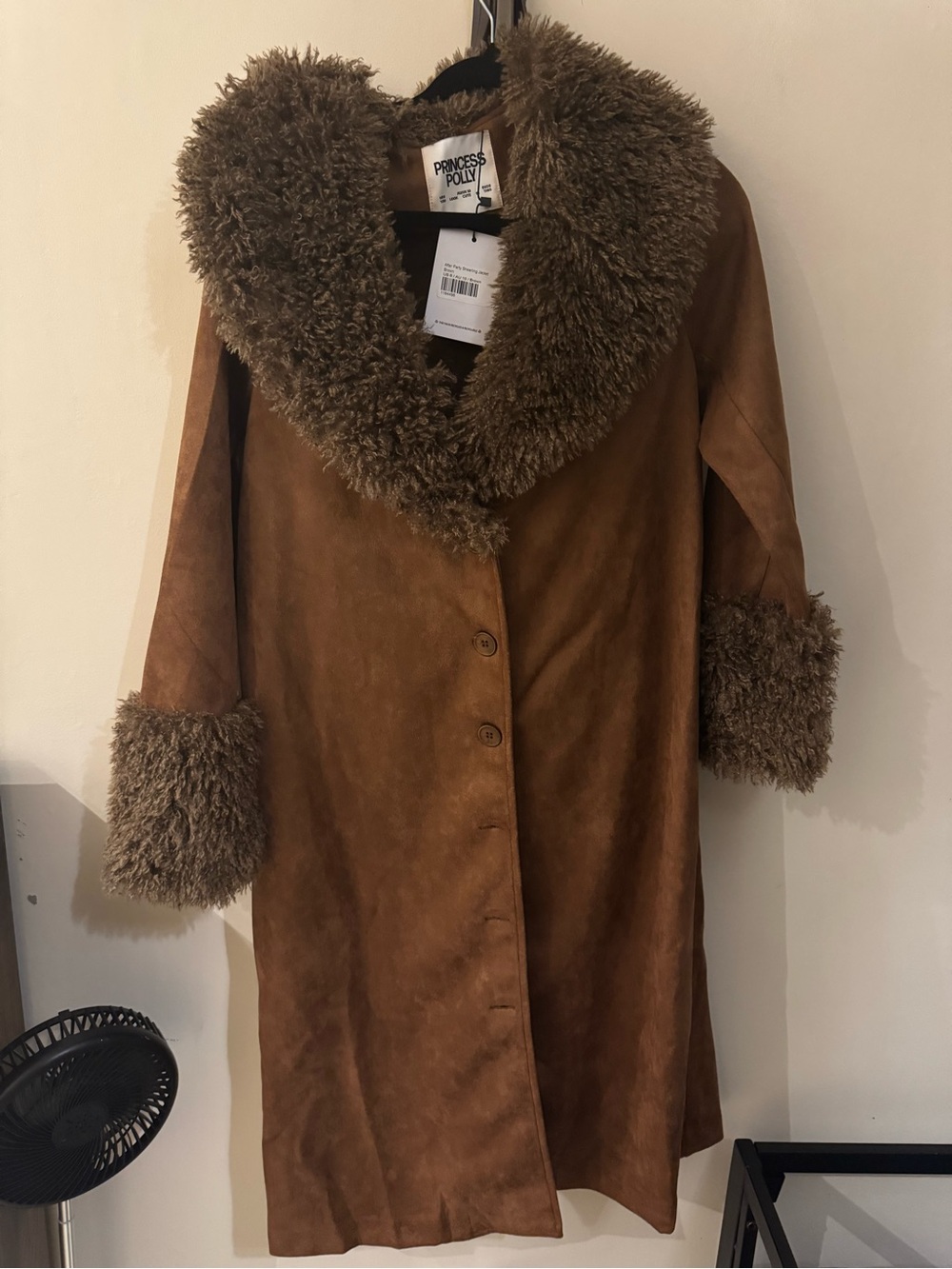 NWT Princess Polly Brown Suede Trench Coat with Faux Fur Trim - Picture 3 of 5